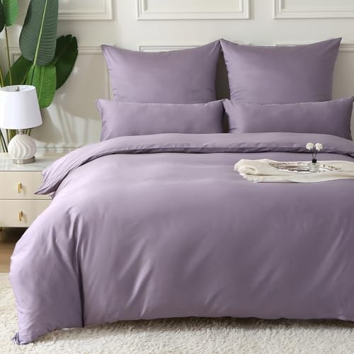 MILDLY Satin Bettwäsche 200x200 Baumwolle,100% Langstapelige Baumwolle Seidig Luxus Bettzeug, ÖkoTex Zertifiziert & für Allergiker Geeignet, 1 Bettbezug 200x200 & 2 Kissenbezug 80x80,GrauViolett