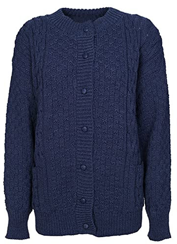 New Womens Ladies Button Up 2 Front Pockets Full Sleeve Round Neck Cable Knitted Cardigan Navy - Mb 20-22