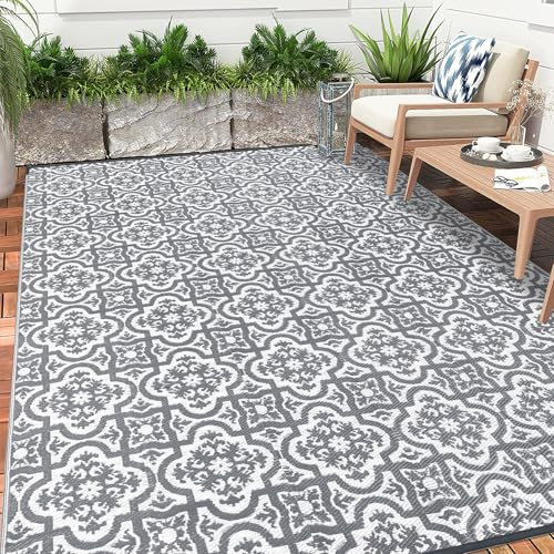 Enyhom Große Outdoor Teppich Wetterfest für Garten 180 x 270 cm UV-beständige Grau Camping Teppich Recyceltem Kunststoff Stroh Wendbar Teppiche für Balkon Deck Terrassen Strand