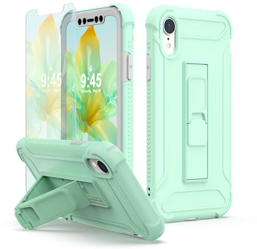 ORETECH Designed for iPhone XR Case,and [2 x Tempered Glass Screen Protectors] [Heavy Duty Protection] [Kickstand & Phone Holder] 5 in 1 Full Body Shockproof Protective Cover for iPhone Xr- Mint Green