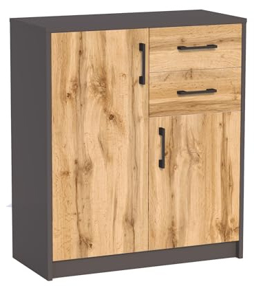 Home Collective Kommode mit 2 Schubladen und 2 Türen in matt Kommode 74cm breit mit hochwertigen Polymergriffen Holz Schrank Kommode mit Schubladen Aus laminierter Platte gefertigt Graphit Eiche