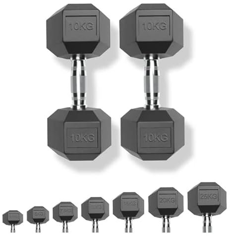 Strongway Hex Dumbbells Set Rubber Coated Cast Iron Weights 2.5KG - 35KG - Gym Strength Training Weight Lifting Equipment Exercise Men Fitness (2 X 10KG)