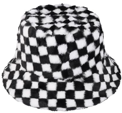 JJDreams Schwarz-Weiß Karierte Bucket Hat Winter Fischerhut Pelz Fischerhut Bucket Hat Flauschige Fischerhut für Damen