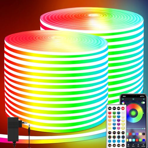 segrass Striscia LED al neon flessibile da 40 m, con controllo app/telecomando, diverse modalità, IP65 Outdoor RGB Neon strip, impermeabile, sincronizzazione musicale, gioco LED neon