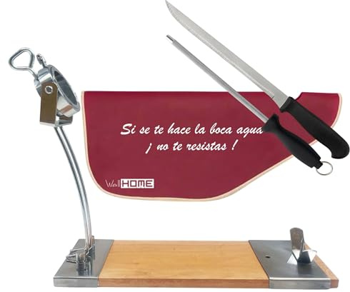 Well Home IBERIA - Porta prosciutto di lusso in legno e acciaio inox, portaprosciutto (25 cm) e Chaira (21 cm) + copriprosciutto Tiberic Bordeaux