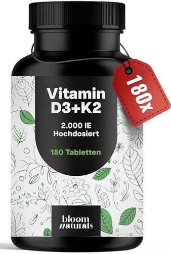 Vitamin D3 K2 hochdosiert – 180 Tabletten – 2000 IE pro Tag | Premium 99,7+% All-Trans K2-MK7 – produziert in Deutschland, laborgeprüft