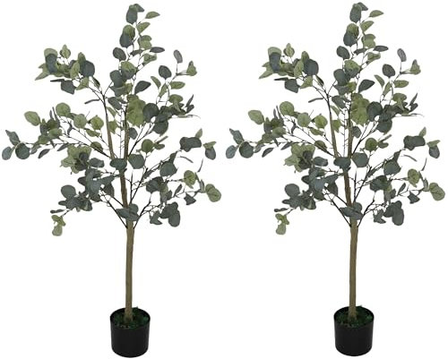 HOMCOM Set of 2 Decorative Artificial Tree, 4ft/ 120cm Silk Eucalyptus Trees with 230 Silver Dollar Leaves in Pot, Fake Plants for Home, Office, Living Room, Indoor Decor