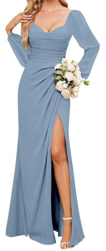 KURFACE Dusty Blue Bridesmaid Dresses Long Sleeve for Wedding with Slit Formal Dress with Sleeves Prom Party Gown UK12