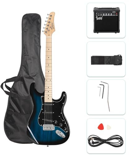 Bonnlo Full Size Electric Guitar Kit for Music Lover Beginner with 20W Guitar Amplifier, Guitar Bag, Cable, Strap, Pick, Tremolo Bar, Tool (Blue)