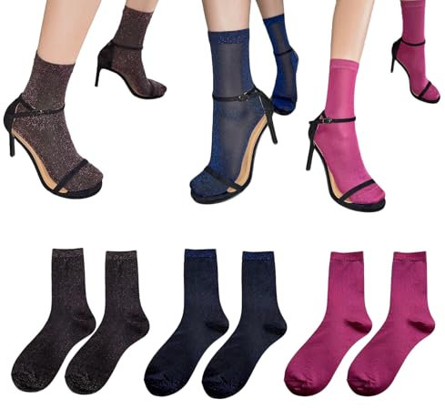 AWOCAN 3PCS Women Glitter Sparkly Ankle Socks Shimmer Shine Sparkle Glow Sheer Crew Socks (UK, Alpha, L, Regular, Regular, Wine red+Rose red+Deep blue)