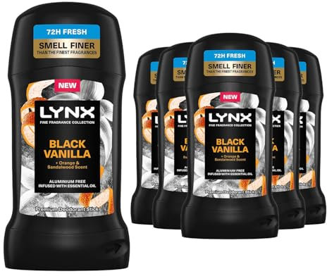 Lynx Fine Fragrance Collection Stick Deodorant for Men Black Vanilla, Pack of 6, 72 Hours Odour Protection Aluminium-Free Premium Deodorant Stick Infused with Essential Oils, 50 ml