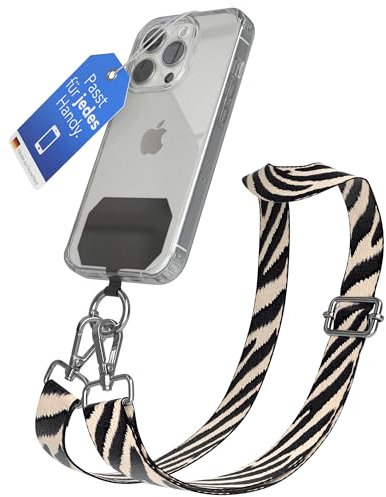 EAZY CASE - Handykette Universal zum Umhängen kompatibel mit jedem Handy Kette mit Hülle kombinierbar Handykordel Karabiner für Handyhülle Handyband zum Umhängen Bunt Zebra Kordel Schwarz Taupe Silber