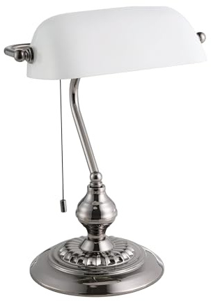 Eglo Banker Table lamp, Vintage Desk Light | Retro Office Lamp in Nickel-Black Metal with Frosted White Glass, Bedside light Pull Chain, E27 Socket