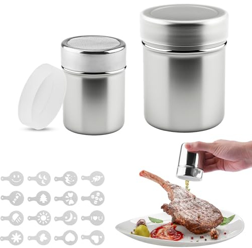Foydream 2 Pezzi Spargi Zucchero a Velo in Acciaio Inossidabile con Coperchio Include 16 Stencil per Decorare Caffè Cappuccino Per Cacao, Matcha, Spezie Ideale per Pasticceria e Casa