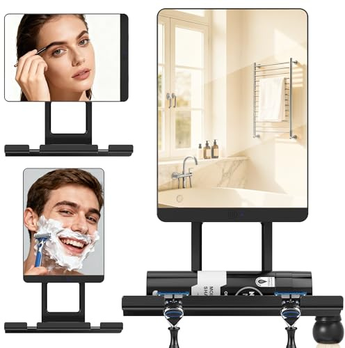 Toollygozz Heated Fogless Shower Mirror for Shaving, 5000mAh Long-Lasting Anti-Fog Shower Mirror with 360° Rotating Design & Razor Holder, Fog-Free Shaving Mirror for Men (Black)