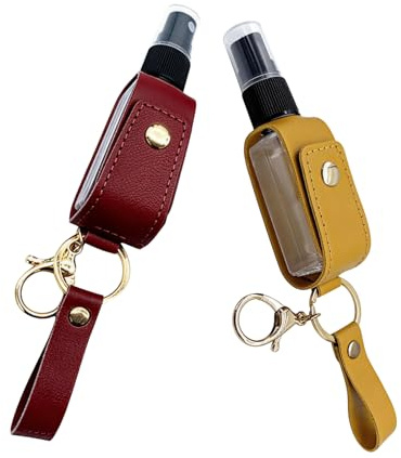 VANTOBEST 2Pcs 30ml/1oz Travel Spray Bottle Keychain Leakproof Refillable Liquid Containers with PU Leather Holder for Backpack(Random Color)