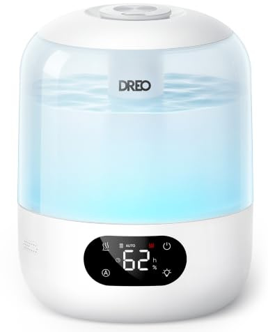DREO Humidifier for Bedroom with Sensor, 26dB Quiet Cool Mist Ultrasonic Humidifiers for Home, 360° Nozzle, 30H Runtime, Ambient Light Indicator, Essential Oil Diffuser, Room, Plants, Nursery, White
