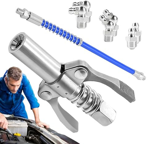Fettpresse Kupplung - Hochdruck-Fettanschluss Adapter - Fettkupplung | Doppelgriff Schnellspannwerkzeug Mit 6 Düsen, Auslaufsicher, Rutschfester Griff, Stahlkonstruktion, 30cm Schlauch, Universales 1/