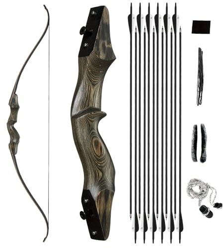 Bogenschießen Recurvebogen Takedown Bogen Jagd Bogen und Pfeil Set Erwachsene Ziel Praxis Wettbewerb Survival Longbow Rechte Hand 13,6-22,7 kg mit 6 Fiberglas-Pfeilen (13,6 kg)