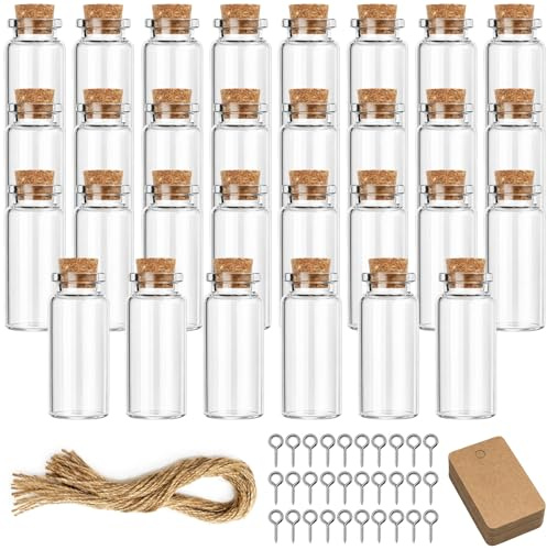 Richunie 30 Bottigliette Di Vetro Piccole，10Ml Barattolini Vetro Piccoli Con Tappo，Piccolo Anello A Forma Di Oca + Cartellino + Corda Di Canapa Sottile Per Decorazioni Fai Da Te, Regali Di Nozze