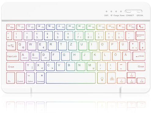 MMK Bluetooth Tastatur für iOS, Android and Windows, 7 Farben Beleuchtete | Portable Wireless Bluetooth Keyboard für iPad, iPhone, Samsung, Lenovo, Huawei, Weiß