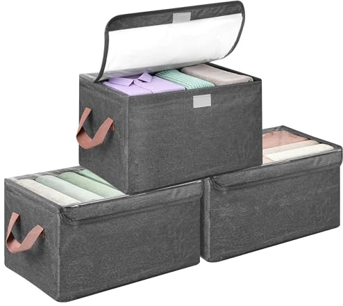 Zocipro 3 Pack 23L Wardrobe Clothes Organiser, 40 x 27 x 21 cm Stackable Wardrobe Storage Boxes, Foldable Closet Organizer with Steel Frame Support, Clear Lid, Storage Box for Bedding, Jeans,T-Shirts