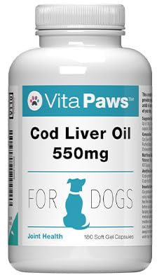 Cod Liver Oil for Dogs 550mg | 180 Soft Gel Capsules | Support the Health of The Skin and Coat | Manufactured in the UK