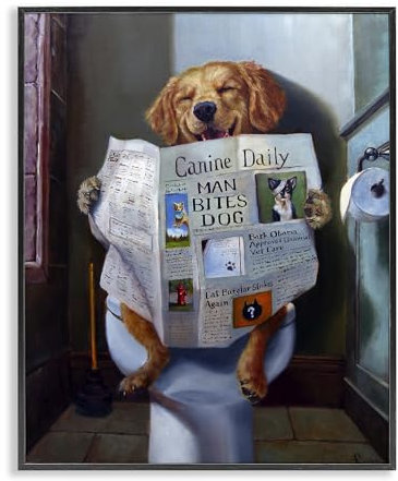 The Stupell Home Décor Collection Dog Reading the Newspaper On Toilet Funny Painting Framed Giclee Texturized Art, 11 x 1.5 x 14, Proudly Made in USA