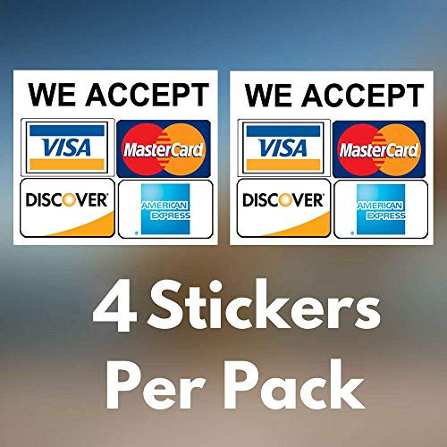 eSplanade 4 Stück selbstklebende Kreditkartenschilder Vinyl Aufkleber We Accept – Visa, MasterCard, Amex and Discover – 10,2 x 10,2 cm Vinyl-Aufkleber für Fenster – Shop, Café, Büro, Gaststätten