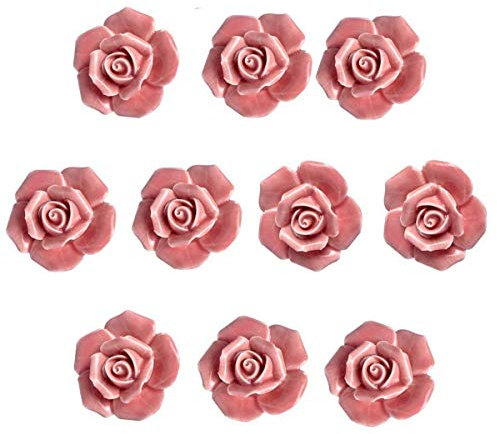 Eidoct 10 Pcs Ceramic Vintage Floral Rose Flower Door Knobs Handle Drawer Kitchen + Screws (Pink)