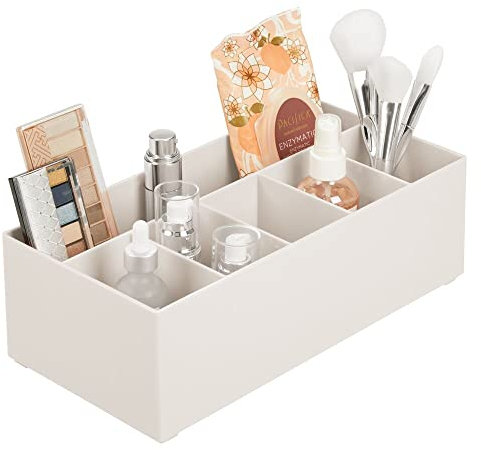 mDesign Schminkaufbewahrung für Wasch- oder Schminktische – Aufbewahrungsbox aus BPA-freiem Kunststoff für Make-up – moderner Kosmetik Organizer mit 6 Fächern – beige