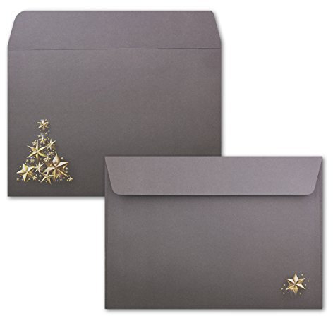 25x Briefumschläge DIN C6 in Grau mit goldenem-Weihnachtsbaum aus Sternen - Haftklebung mit Abziehstreifen - 114 x 162 mm - 80 g/m² - Weihnachtsumschläge mit Motiv für Firmen und Privat