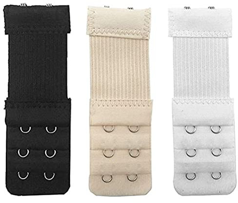 3Pcs Bra Hook Extenders 2 Hooks / 3 Hooks Bra Back Extender Strap for Bikini Tops - White/Black/Khaki (B)