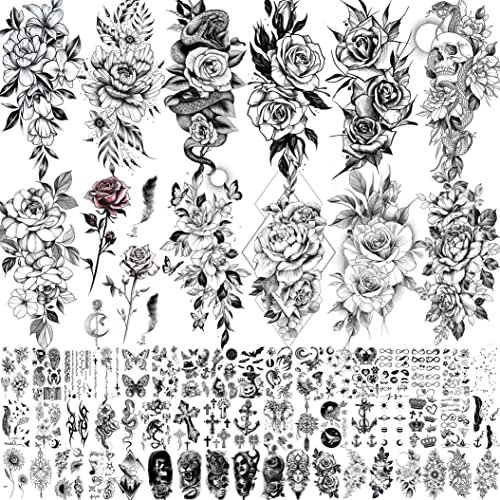 Shegazzi 64 Blatt 3D Blumen Temporäre Tattoos Frauen Mädchen, 12 Blatt Realistisch Sexy Rose Pfingstrose Blumen Fake Tattoo Aufkleber Erwachsene, 52 Blatt Klein Schwarz Schlange Brief Tatoos Hals Haut