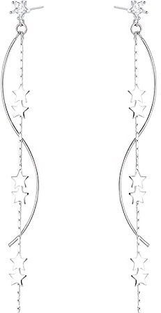 SLUYNZ 925 Sterling Silber Stern baumeln Ohrringe Kette für Frauen Lange Ohrringe Quaste Kurve baumeln Ohrringe, Sterling Silber, Zirkonia