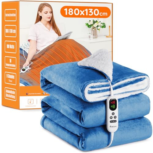 Heizdecke mit Abschaltautomatik, 130x180cm 10 Heizstufen 1~9 Stunden Auto-Off-Timer Überhitzungsschutz, Elektrische Wärmedecke Bett Wärme Decke ETL für Home & Office Schnelle Flanell Waschbar Blau
