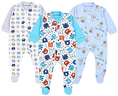 TupTam Baby Unisex Schlafstrampler Mädchen Schlafanzug mit Fuß Jungen Spieler 3er Pack, Farbe: Bärchen/Elefanten/Blau/Grau, Größe: 92