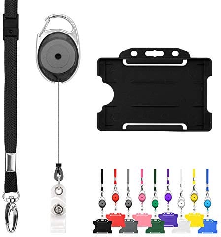 LanyardsTomorrow Lot de 10 cordons rétractables et porte-badges avec cordons unis, mousquetons extensibles Yoyo et porte-cartes rigides (noir)