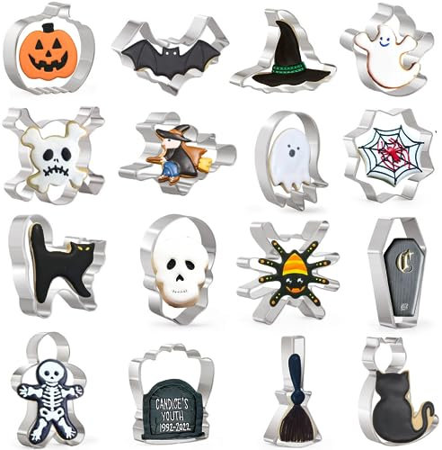 Keepaty Set di formine per biscotti di Halloween, 16 forme, fantasma, pipistrello, zucca, gatto, strega, ragno, teschio, pan di zenzero, ecc. per cuocere in acciaio inox taglia biscotti