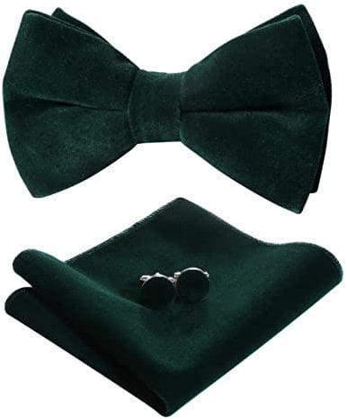 HOULIFE Fliege Herren Set - Verstellbare Fliege aus Samt Vorgebunden Fliege, einfarbige Einstecktuch, Manschettenknöpfe Set für Bräutigam Hochzeit formal mit Geschenkbox, Dunkelgrün