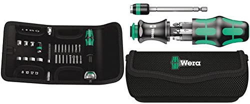 Wera Kraftform Kompakt Multi-function Zyklop Speed Ratchet, Socket & Bit Set, 1/4, 26pc, 05051045001 & Compact Tool Set Kraftform 20 with Pouch, SL/PH/PZ, 7 Pieces