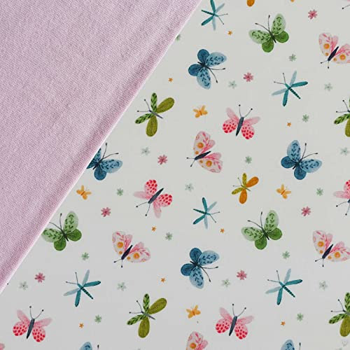 Stoffpaket 0,5 x 1,5 m Motiv-Jersey und 0,5 x 0,7 m Bündchen uni Nähpaket f. Kinderkleidung, Motiv:Schmetterlinge | hellrosa