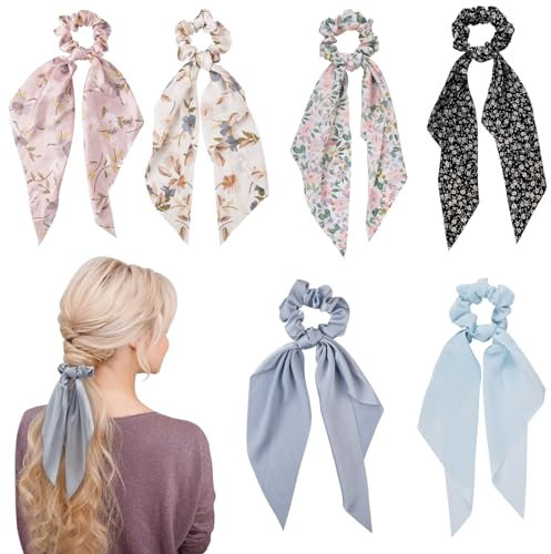 besbomig 6 Stück Scrunchies Haargummi mit Schleife, Frauen Chiffon Bowknot Haarband, Nylon Elastische Pferdeschwanz Halter, Vintage Floral Schal Haarschmuck für Mädchen