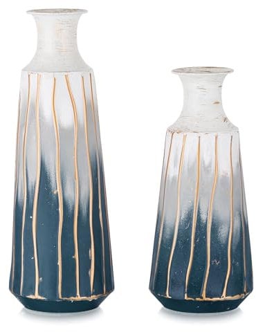 Sziqiqi Gross Metall Vasen - Blau Weiß Ocean Style Vase Set von 2 Modernen Hohe Blumenvase für Tisch Wohnzimmer Große Zylinder Vasen für Pampasgras Trockenblumen Zweige Wicker