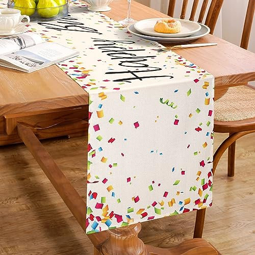 Tischläufer Weiß Leinen-Geburtstagstischläufer Geburtstags Tischläufer Dekoration Feiern Alles Gute Zum Geburtstag Feier Tischläufer Dekor mit Bunten Blinkenden Geschredderten Stücken 33 x 183