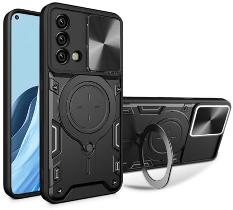 UPLAI Hülle für Oppo A74 4G, Slim Stoßfest Rüstung Handyhülle mit Gleiten Kamera Cover und Magnetisch Ständer, Prämie PC+TPU Dauerhaft Schutzhülle.Schwarz