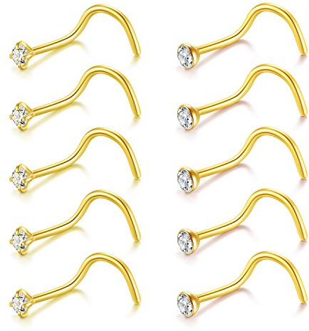 FECTAS 10pcs Nasenpiercing Ring Nasenstecker 18G 20G Nasenring Schmuck Chirurgenstahl 2mm Diamant Schraube Silber Gold Korkenzieher