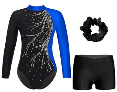 iEFiEL Mädchen Turnanzug Langarm Gymnastik Trikotanzug Glänzende Turnen Set Klassisch Gymnastikanzug Kinder Tanzbody Zd Blau Schwarz 158-164