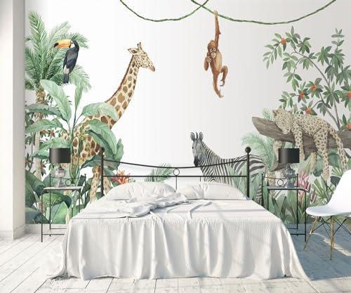 Papier Peint Panoramique 380x255cm Animaux De La Forêt Tropicale Humide Papier Peint Intissé 3D Murale Tableaux Muraux Tapisserie Salon Chambre Chambre