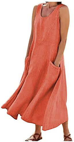 Vente Flash Du Jour Et Soldes,Robe De Plage Femme Robe Longue Pour Femme Décontractée En Coton Et Lin Pour Femmes Couleur Unie Sans Manches Robe De Soiree Femme Longue Avec Poches(orange,XXL)